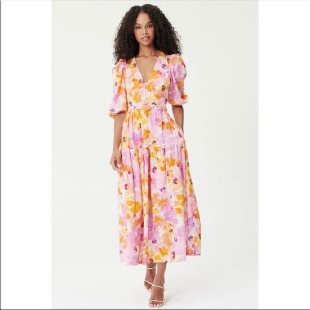 NWT Nicholas Celie Basset Floral Puff Sleeve Belted Maxi Dress